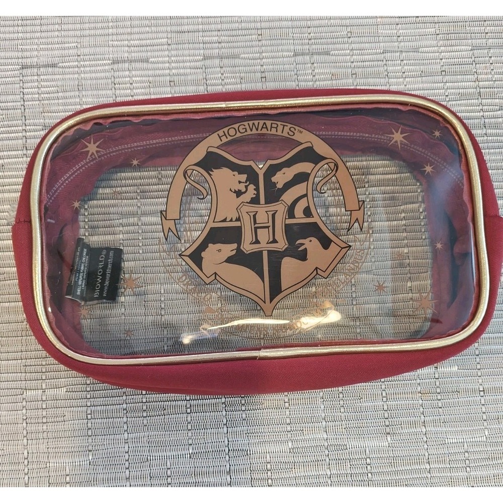 Harry Potter Hogwarts Crest Cosmetic Bag Bioworld Clear Red Gold Toiletry Travel